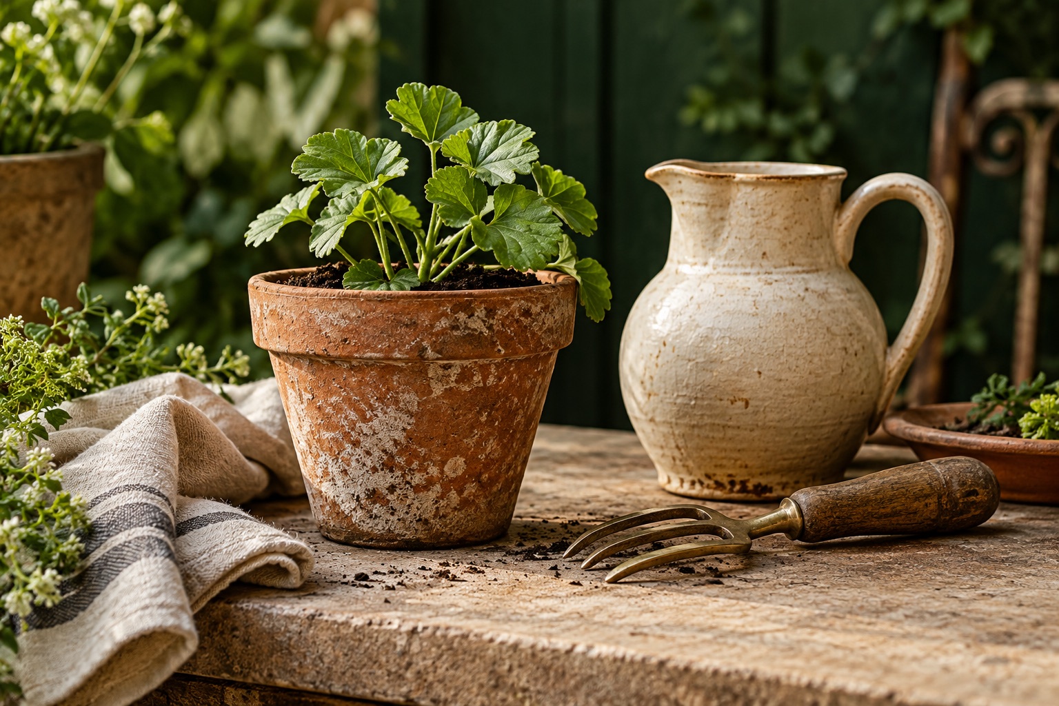 Illustrative still life of a leafy plant in terracotta, ceramic pitcher and garden fork